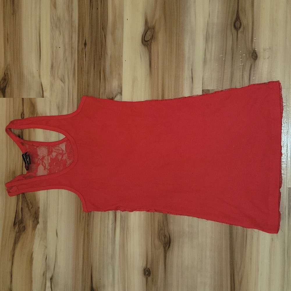 Red Ribbed With Lace See Thru Back Tank Top